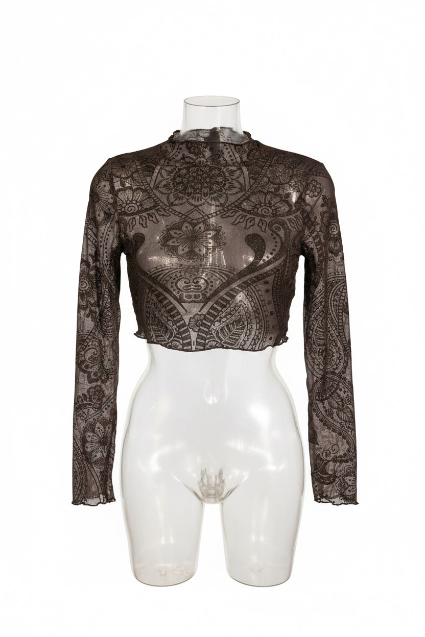 Y2K Black Baroque Burnout Mesh Crop Top
