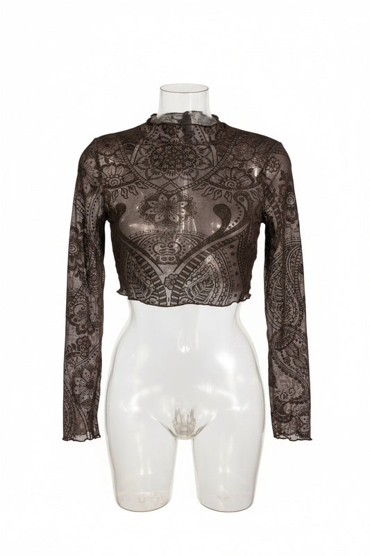 Y2K Black Baroque Burnout Mesh Crop Top