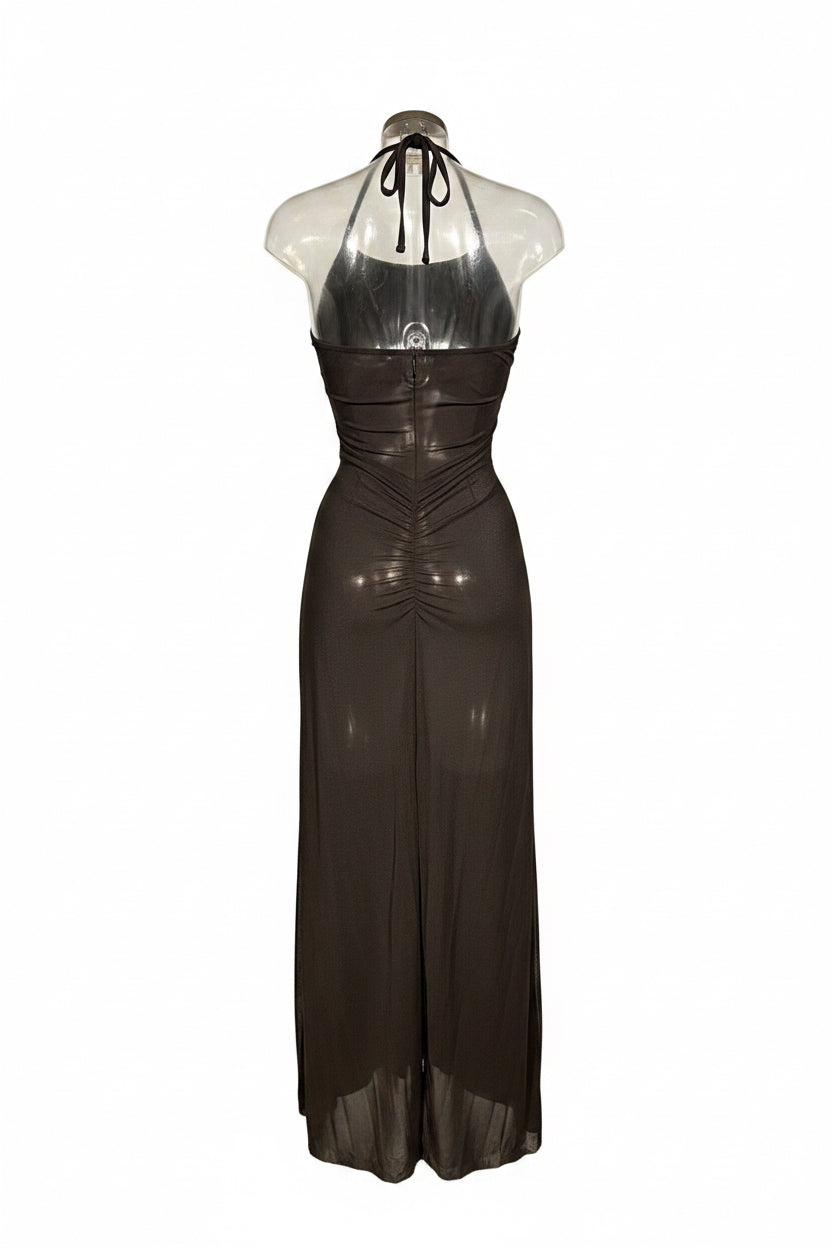 Y2K Sheer Black Halterneck Cutout Maxi Dress
