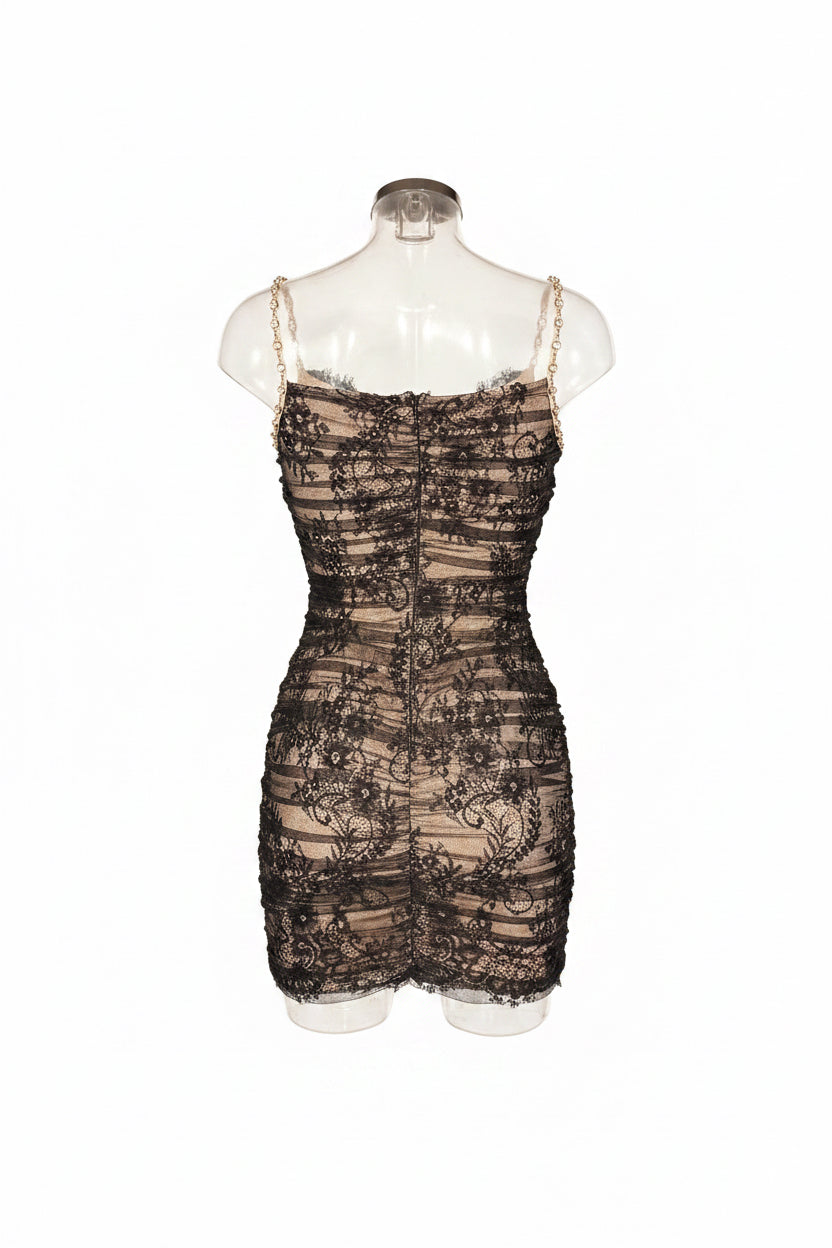 Y2K Black Lace Ruched Mini Dress with Diamanté Straps