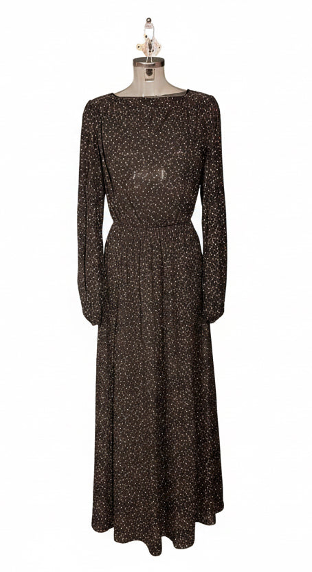 Vintage 80s Black Dotted Print Long Sleeve Maxi Dress