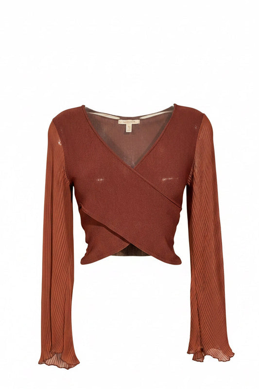 Vintage Rust Sheer Wrap Crop Top with Pleated Bell Sleeves