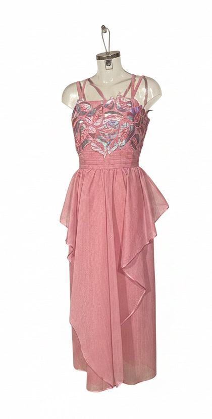 Vintage 80s Pink Floral Appliqué Prom Maxi Dress by Hoffman