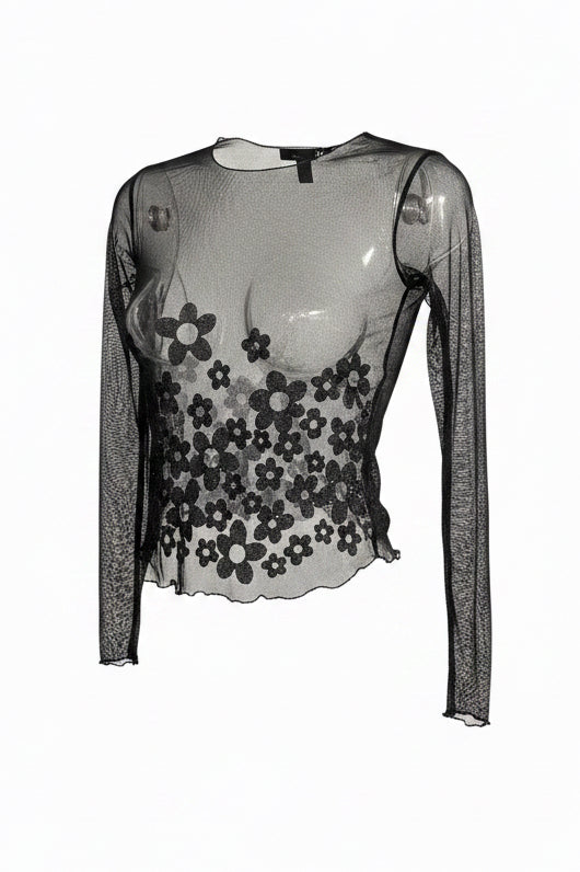 Y2K Black Sheer Mesh Crop Top with 3D Daisy Appliqué