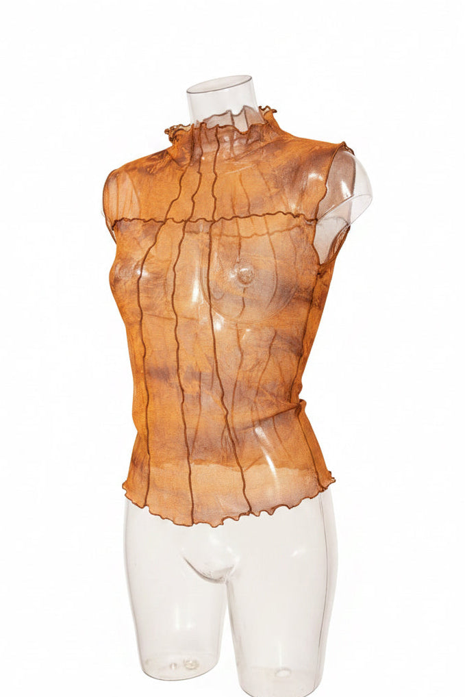 Y2K Amber Ruched Panel Sheer Mesh Sleeveless Top