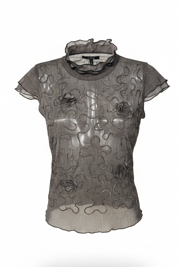 Vintage 90s Charcoal Mesh Soutache Floral Top