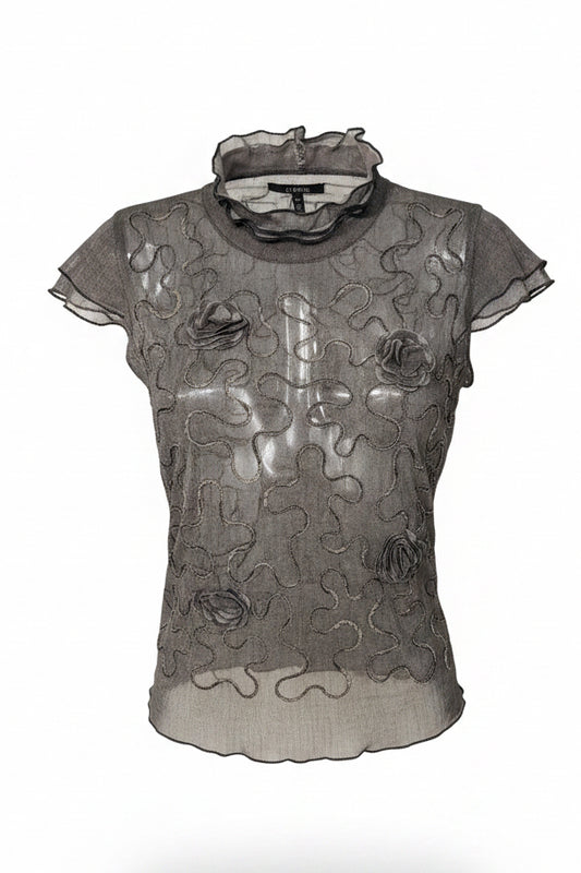 Vintage 90s Charcoal Mesh Soutache Floral Top