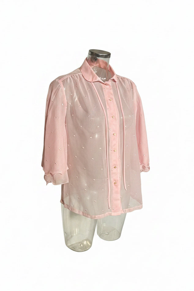 Vintage 80s Baby Pink Sheer Chiffon Stitch Embellished Blouse