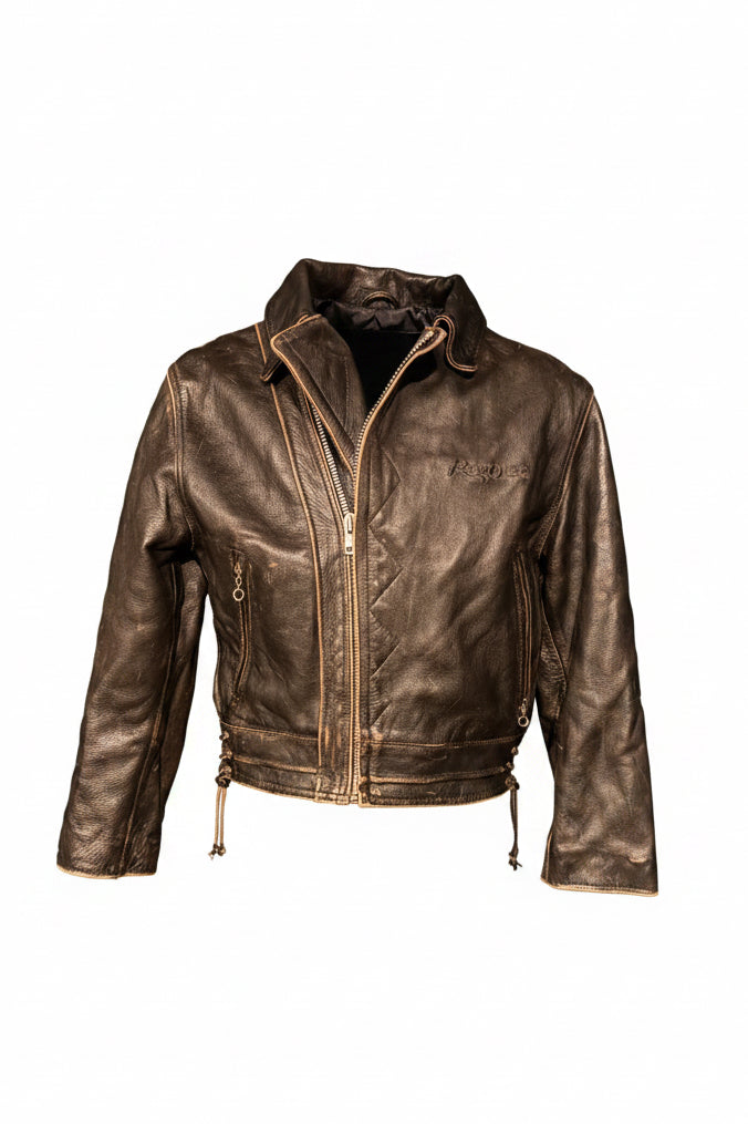 Vintage Reza Duro Distressed Black Leather Biker Jacket with Script Logo