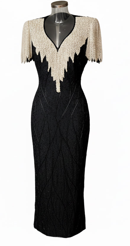 White Pearl and Black Beaded Dress by Laurence Kazar