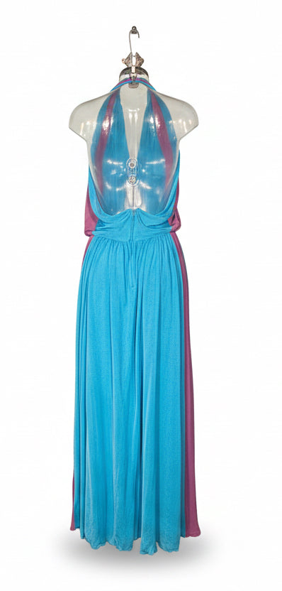 Vintage 70s Blue & Pink Halterneck Maxi Dress by Frank Usher