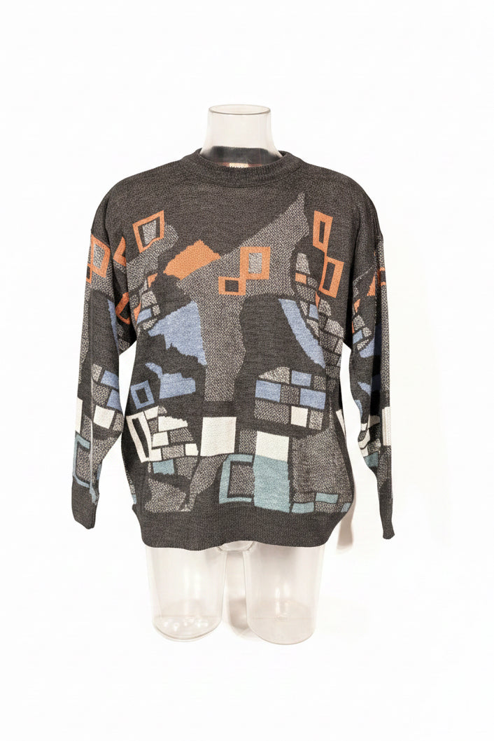 Italmab 80s Intarsia Knit in Charcoal & Terracotta — Size XL