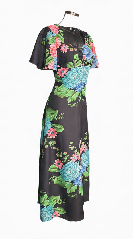 Vintage 70s Black Floral Maxi Dress