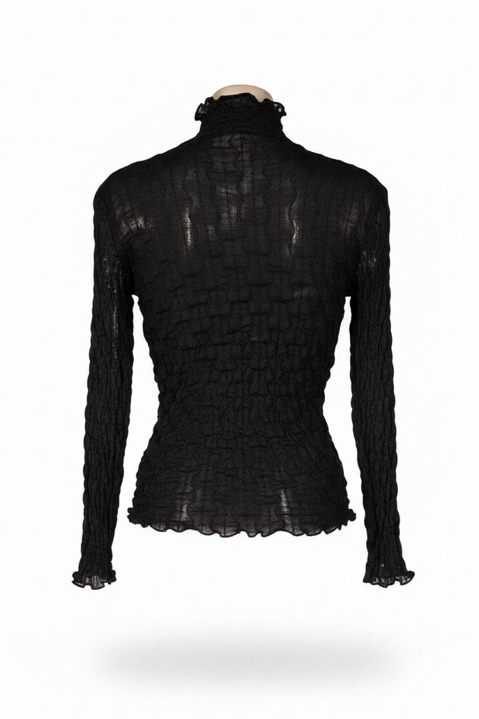 Y2K Black Crinkle Smocked Turtleneck Top