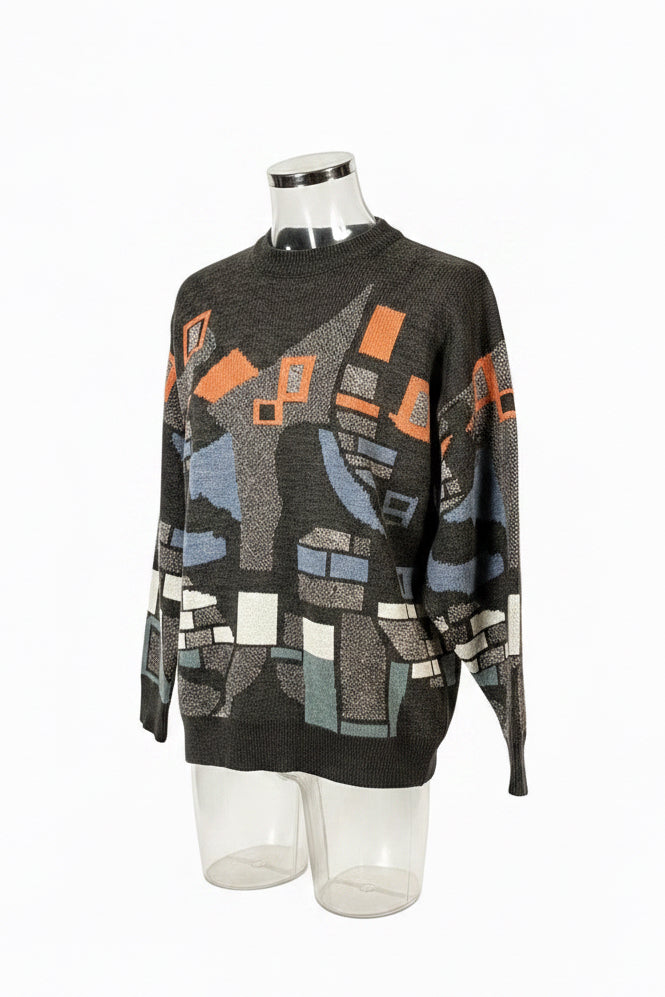 Italmab 80s Intarsia Knit in Charcoal & Terracotta — Size XL