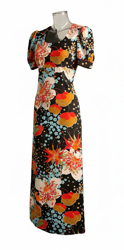 Vintage 70s Black Tropical Floral Puff Sleeve Maxi Dress by Diolen Loft