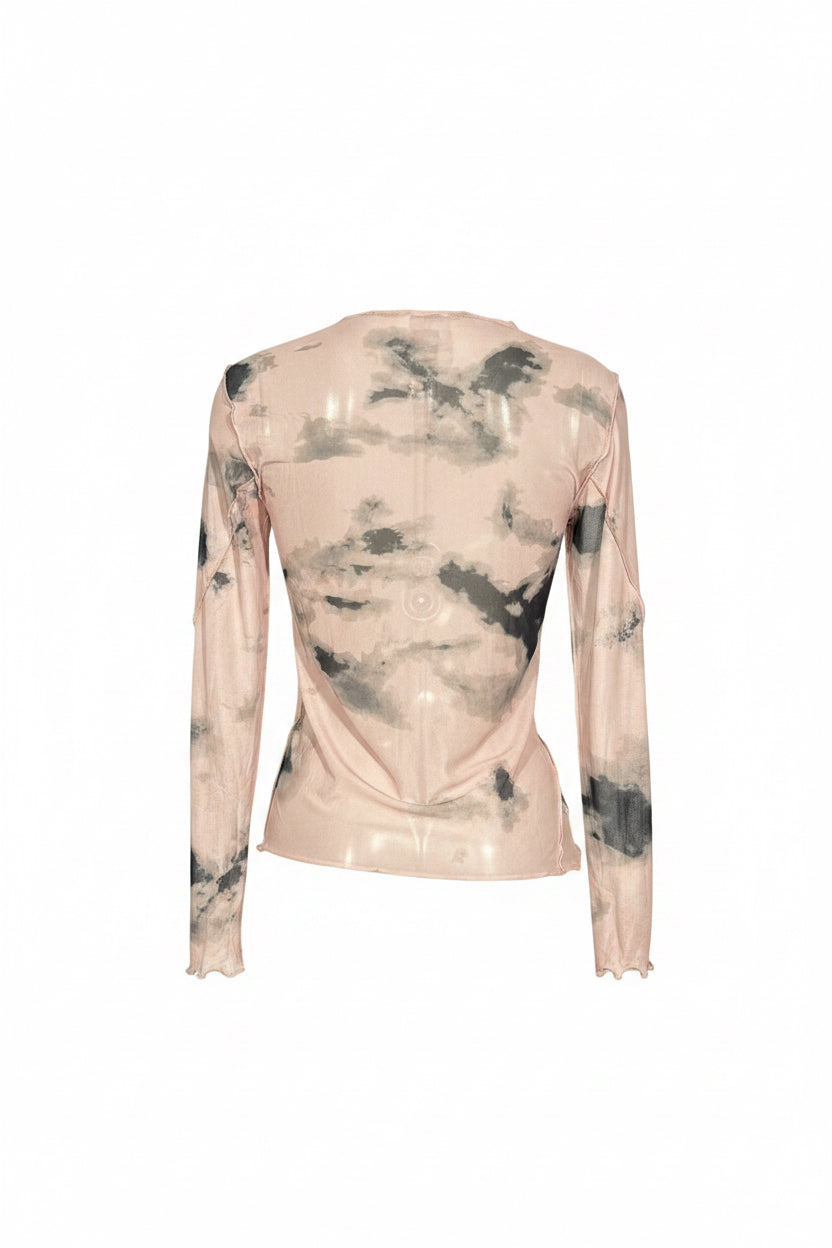 Y2K Blush Ink Wash Sheer Mesh Long Sleeve Top
