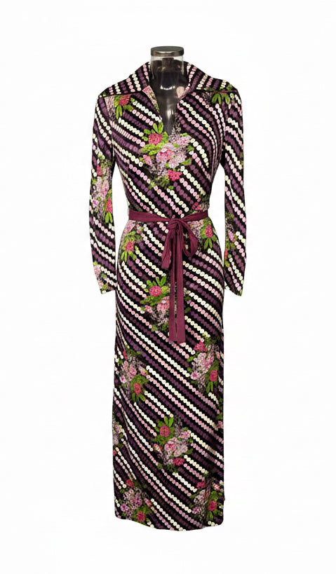 Vintage 70s Purple Stripe Floral Maxi Shirt Dress with Belt