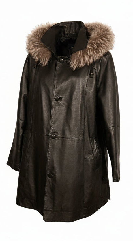 1990s Real Leather Parka Jacket with Fur Trim - Oversized Vintage Outerwear