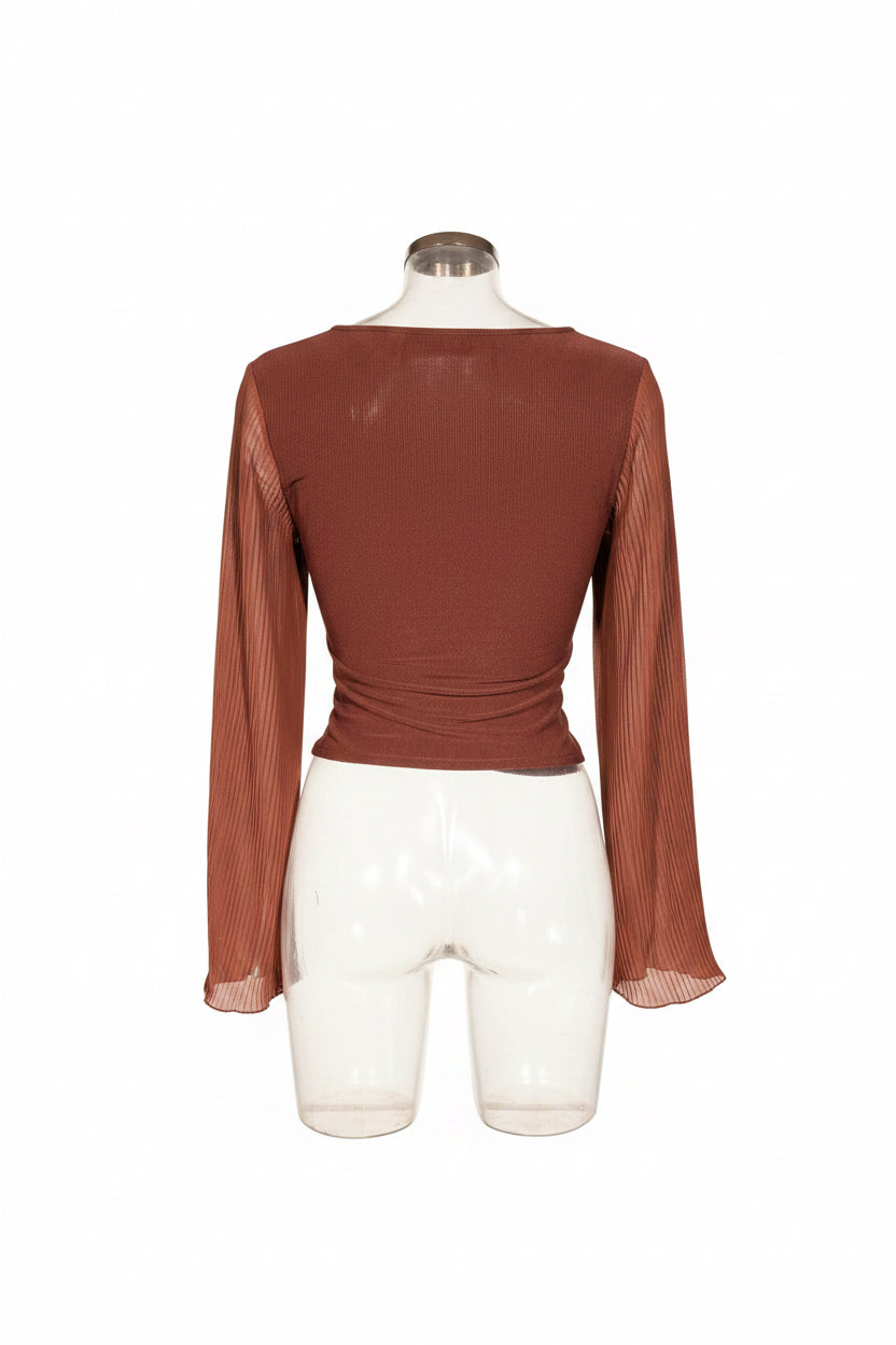 Vintage Rust Sheer Wrap Crop Top with Pleated Bell Sleeves