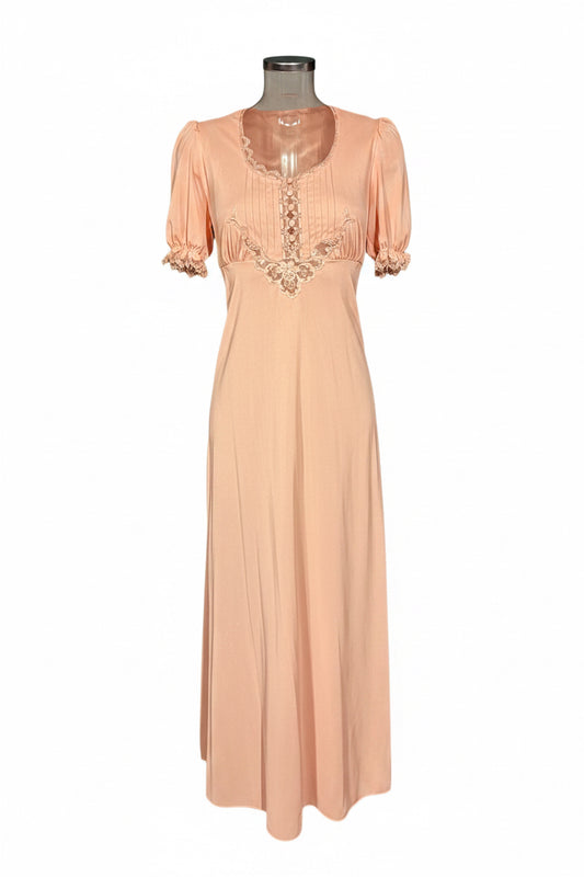 Vintage Blush Pink Lace Trim Pintuck Maxi Dress