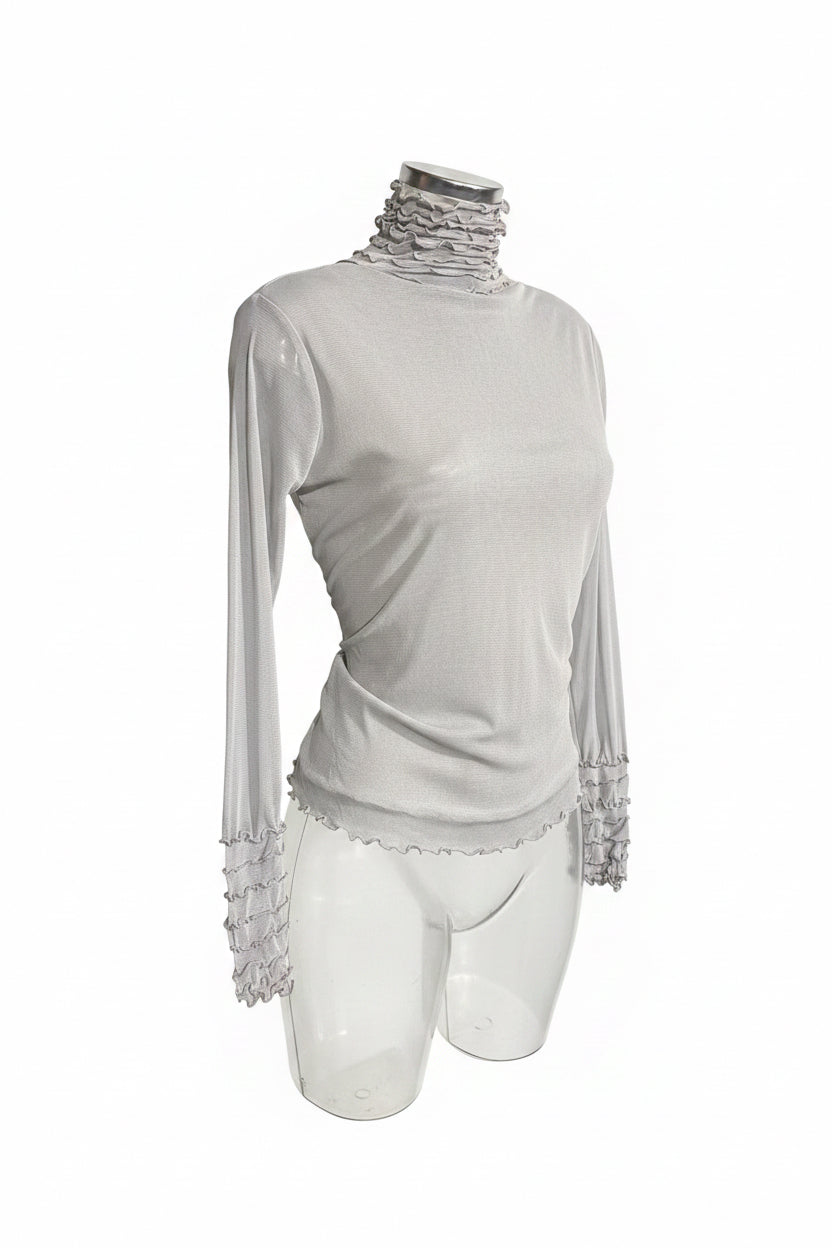 Vintage 90s Cream Ruffle Neck Sheer Top
