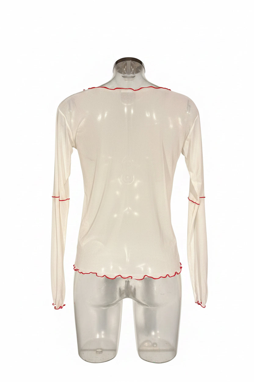 Y2K Miffy Cream Sheer Long Sleeve Top with Red Lettuce Trim