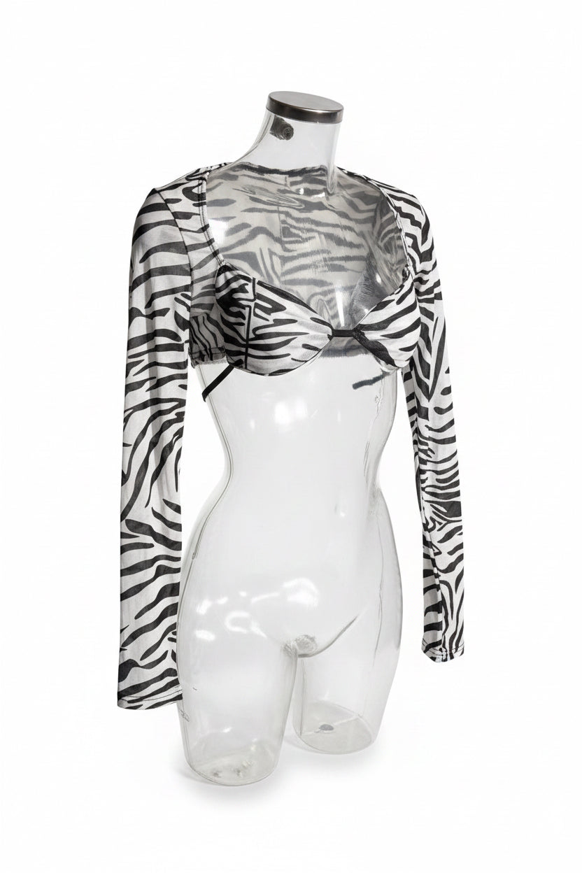 Vintage Zebra Print Sheer Crop Top | Twisted Front Long Sleeve