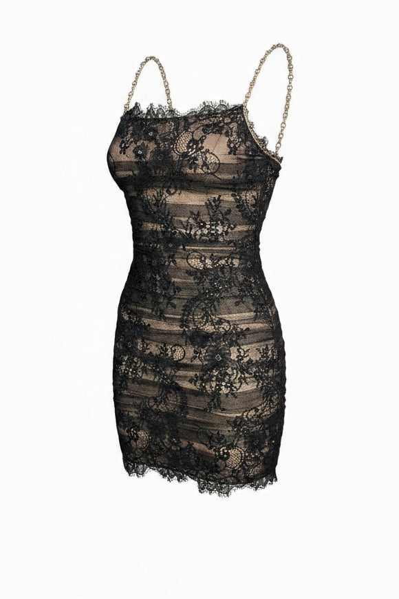 Y2K Black Lace Ruched Mini Dress with Diamanté Straps