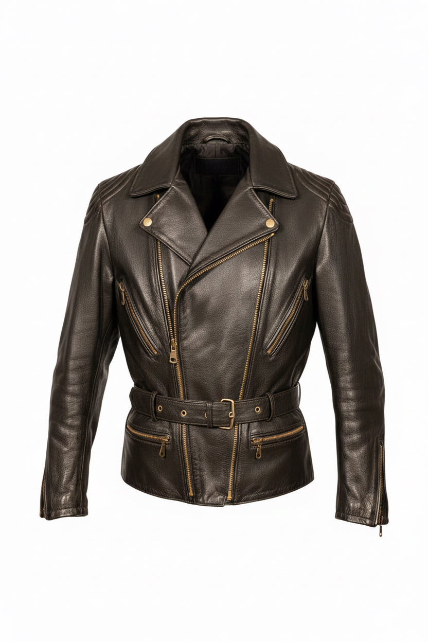 Vintage Highway Black Belted Leather Biker Jacket