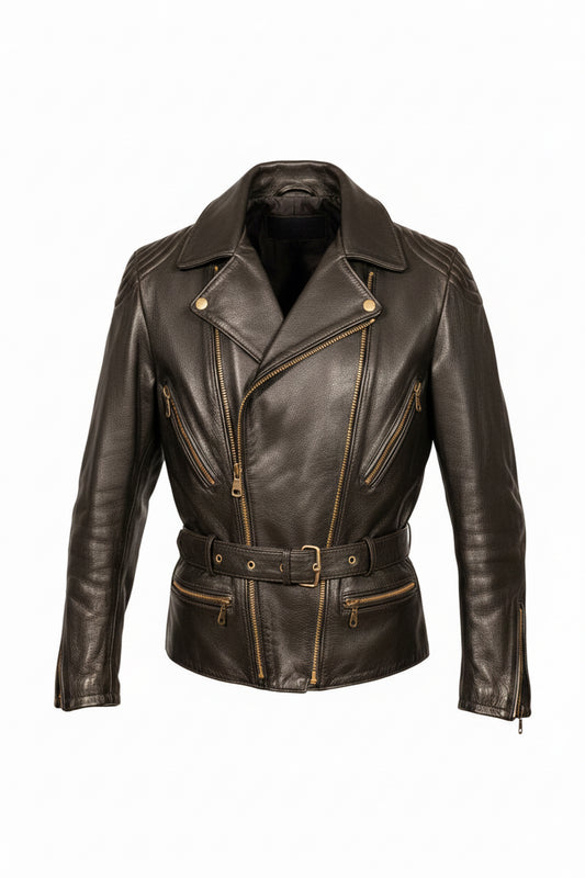 Vintage Highway Black Belted Leather Biker Jacket