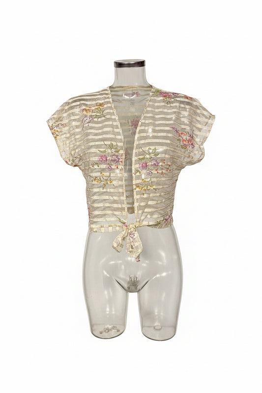 Vintage 90s Cream Sheer Stripe Floral Embroidered Tie-Front Crop Top