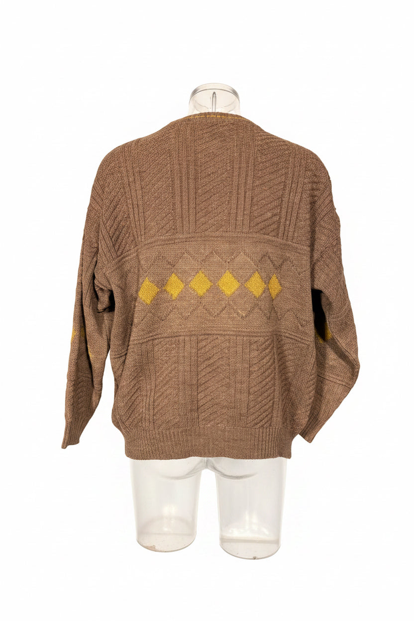 80s Cable & Basket-Weave Knit in Brown & Mustard Yellow — Size L