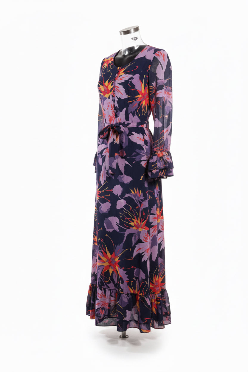 Vintage 70s Navy Tropical Floral Maxi Dress with Ruffle Hem by Vera Mont Paris