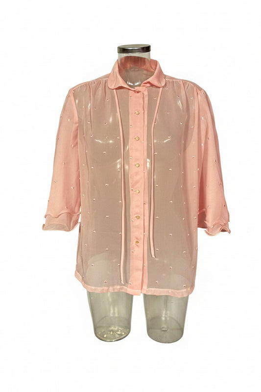Vintage 80s Baby Pink Sheer Chiffon Stitch Embellished Blouse