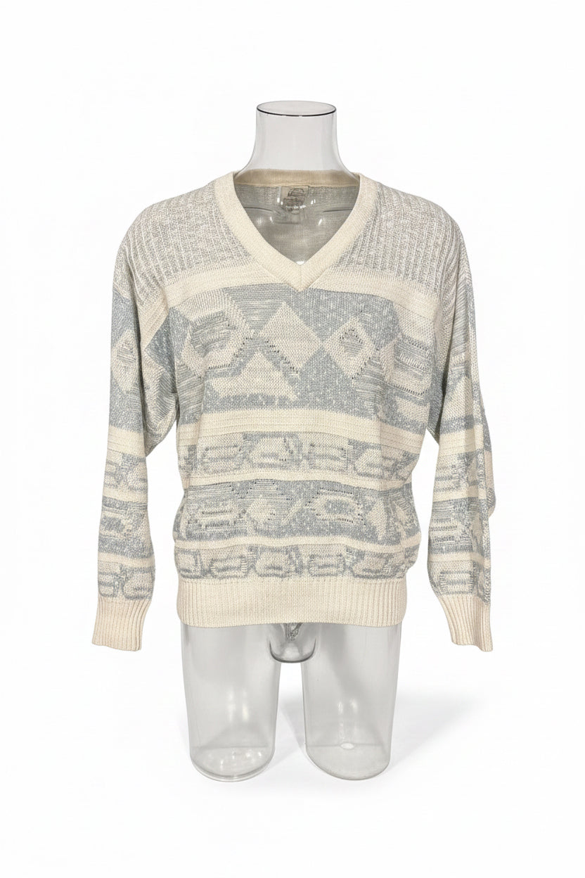 Lion Vintage V-Neck Geometric Knit in Cream & Grey — Size L