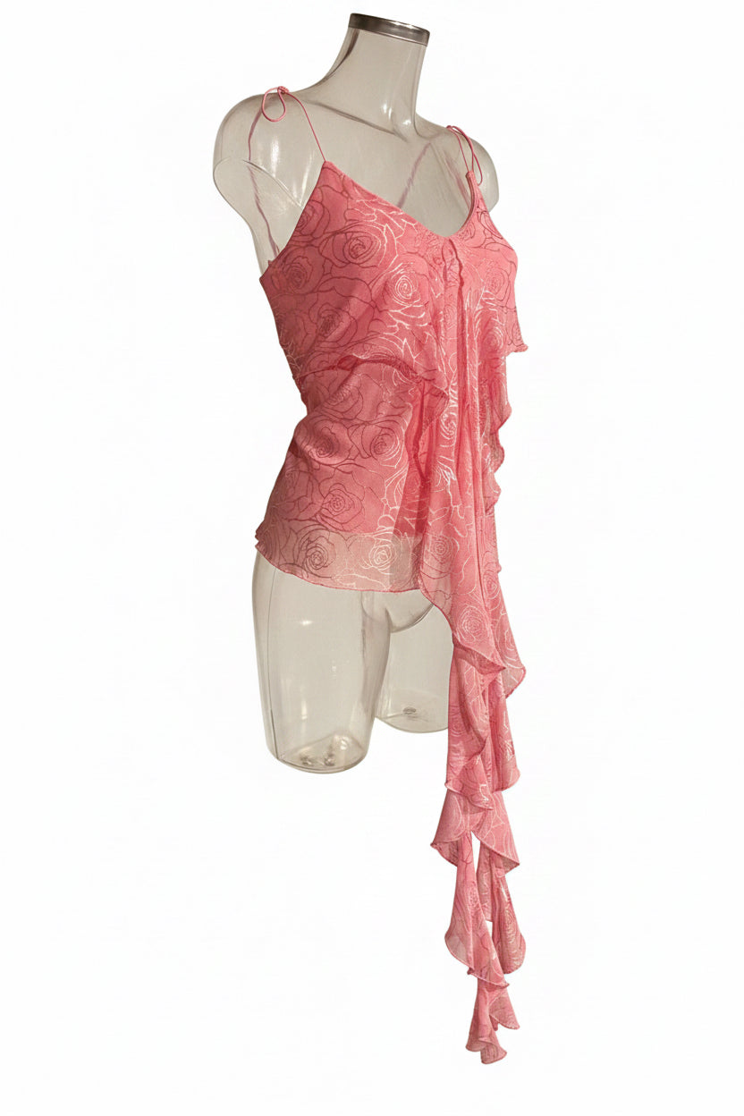 Y2K Rose Print Ruffle Cami Top