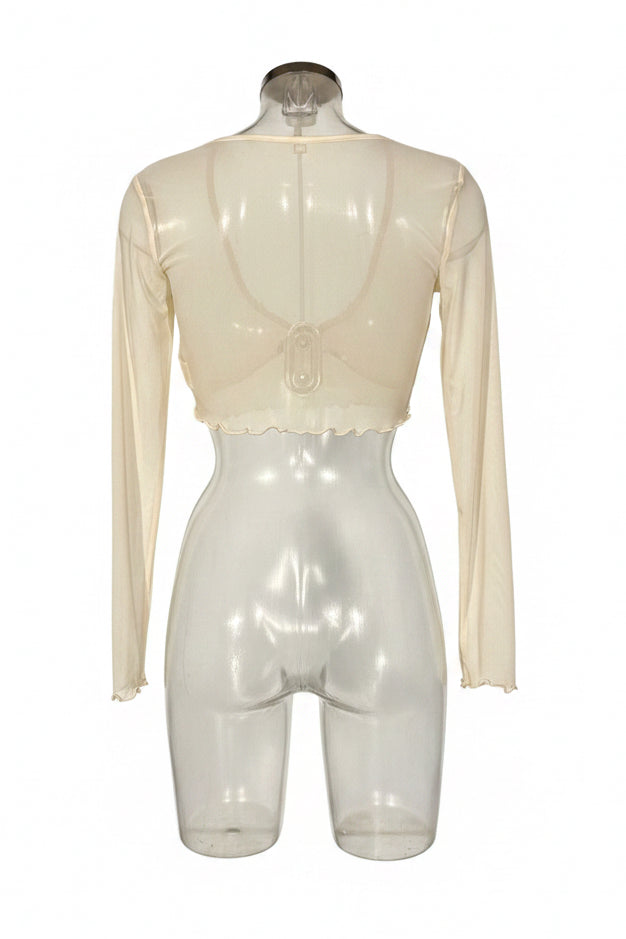 Y2K Ivory Sheer Mesh Tie-Front Crop Top