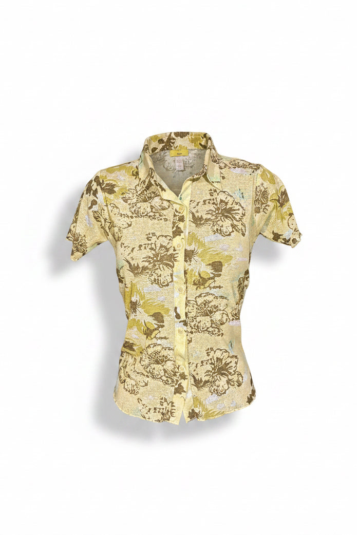 Vintage 90s Mint Green Tropical Floral Fitted Shirt
