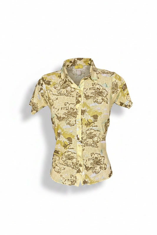 Vintage 90s Mint Green Tropical Floral Fitted Shirt