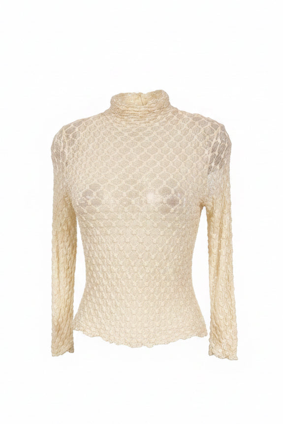 Y2K Cream Bubble Texture Mock Neck Long Sleeve Top