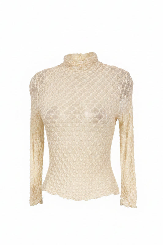 Y2K Cream Bubble Texture Mock Neck Long Sleeve Top