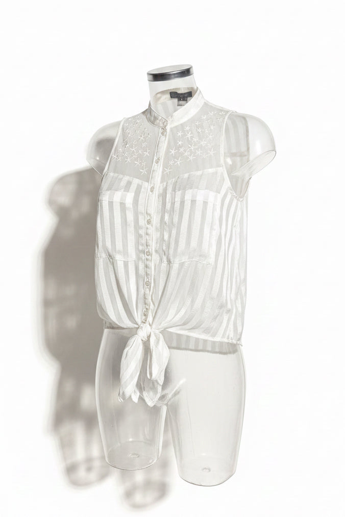 Vintage 90s White Star Embroidered Sheer Yoke Tie-Front Top