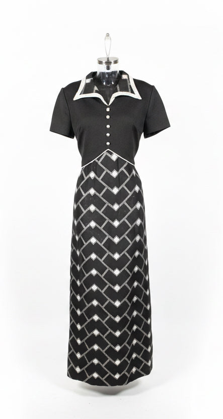 Vintage 70s Black & Grey Geometric Maxi Dress
