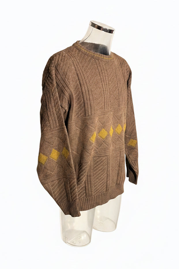 80s Cable & Basket-Weave Knit in Brown & Mustard Yellow — Size L