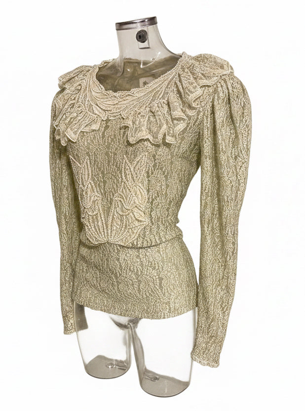 Vintage 80s Sage Green All-Over Lace Ruffle Puff Sleeve Blouse