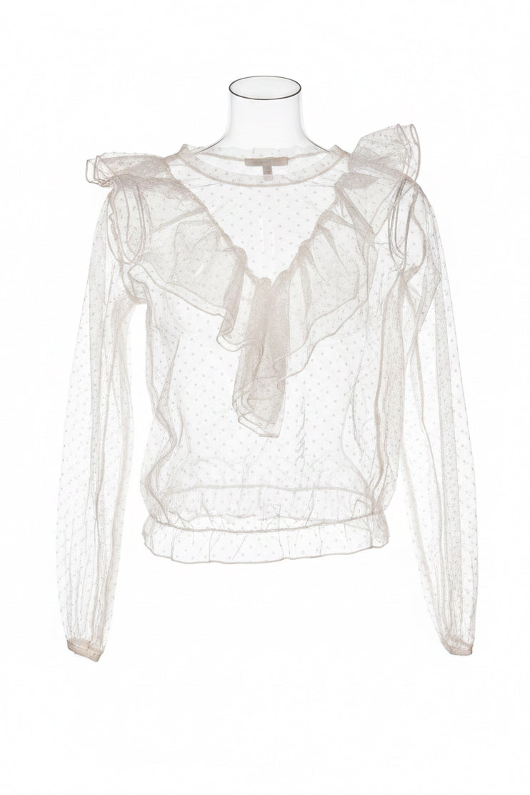 Y2K White Polka Dot Sheer Mesh Top with Ruffle Shoulder Detail
