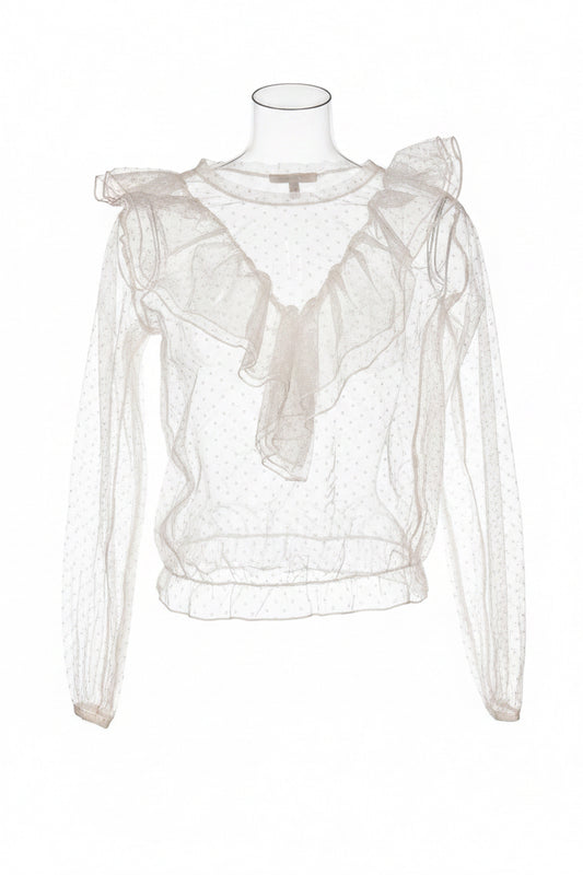 Y2K White Polka Dot Sheer Mesh Top with Ruffle Shoulder Detail