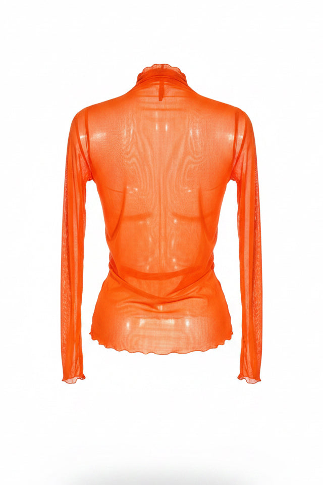 Vintage Neon Orange Sheer Turtleneck Top | Y2K Long Sleeve