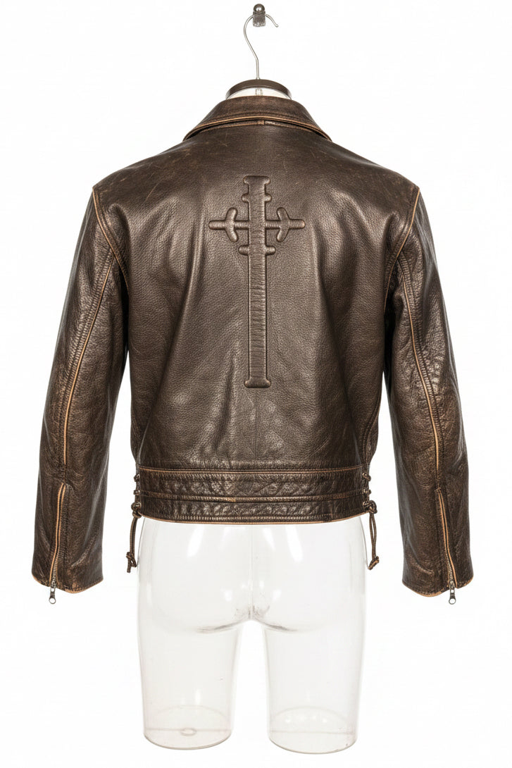 Vintage Reza Duro Distressed Black Leather Biker Jacket with Script Logo